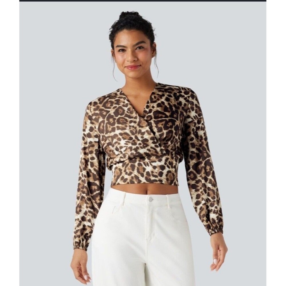 Halara Leopard Print Long Sleeve V-neck Cropped Blouse Shirt Top XL